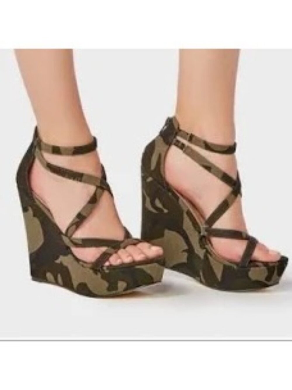 NWT Justfab Camouflage Wedge Sandals Crisscross Straps Adjust Ankle Buckle 6.5